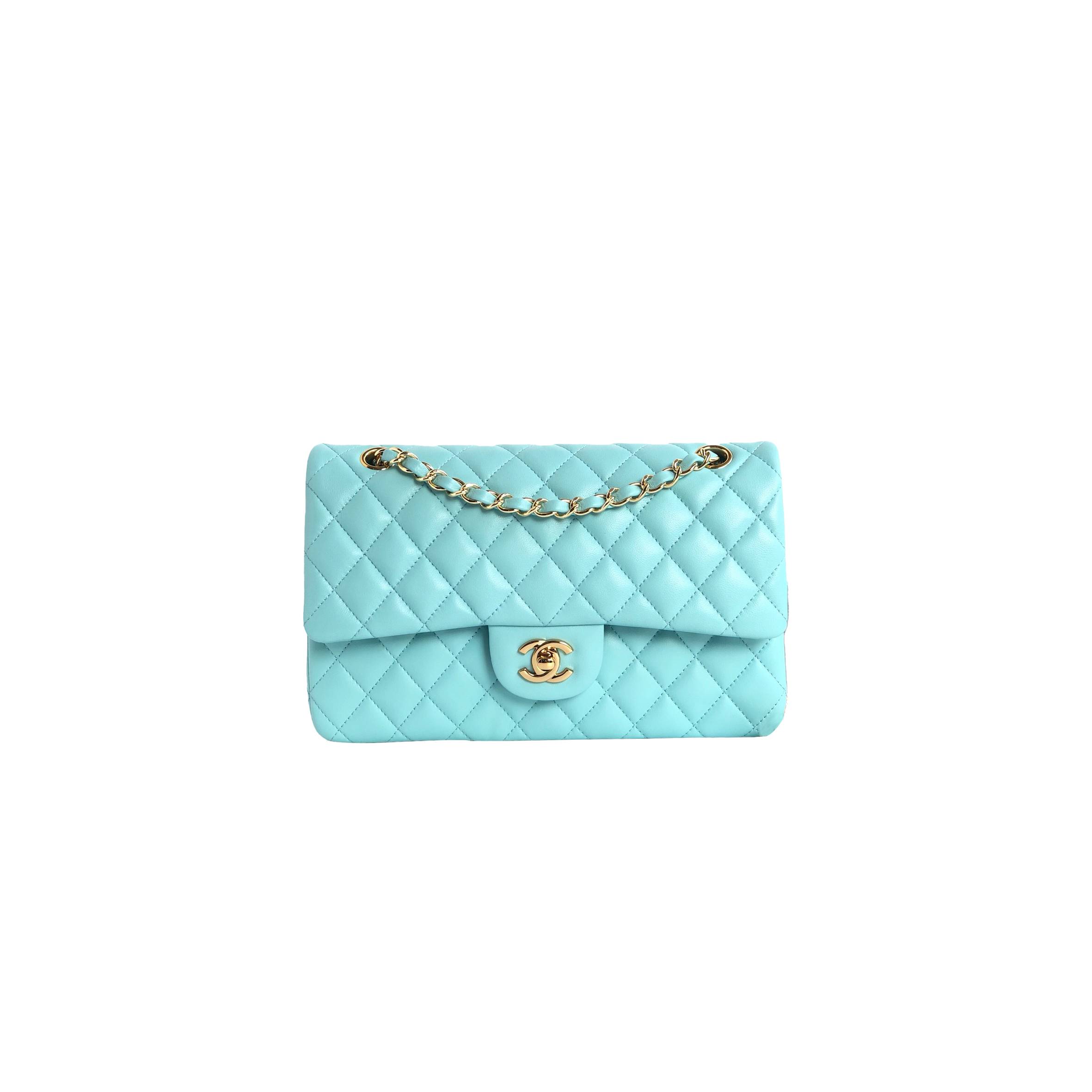 CHANEL TIFFANY BLUE CLASSIC MEDIUM FLAP LIGHT GOLD A1112 (25*15*6cm)